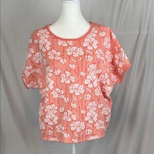 Cynthia Rowley Coral and White Floral Short Sleeved Sweater Large